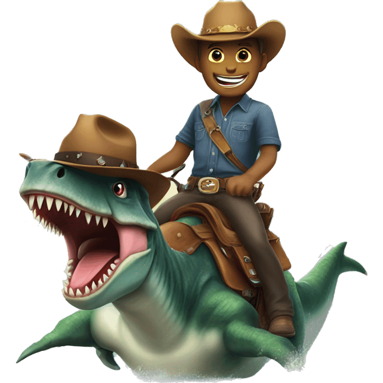 Dinosaur with a cowboy hat riding a shark emoji