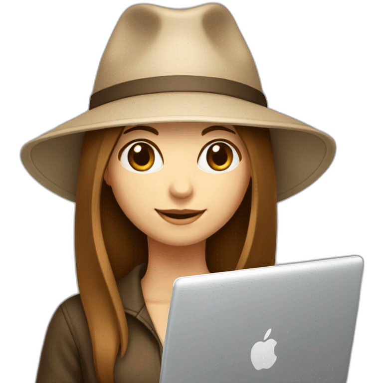 white skin, Girl with a hat, brown hair straight to the shoulders, holding a laptop emoji