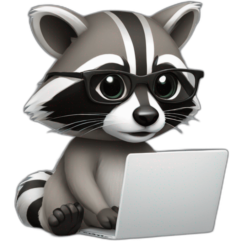 racoon wearing square glasses and white tee working on a black laptop emoji