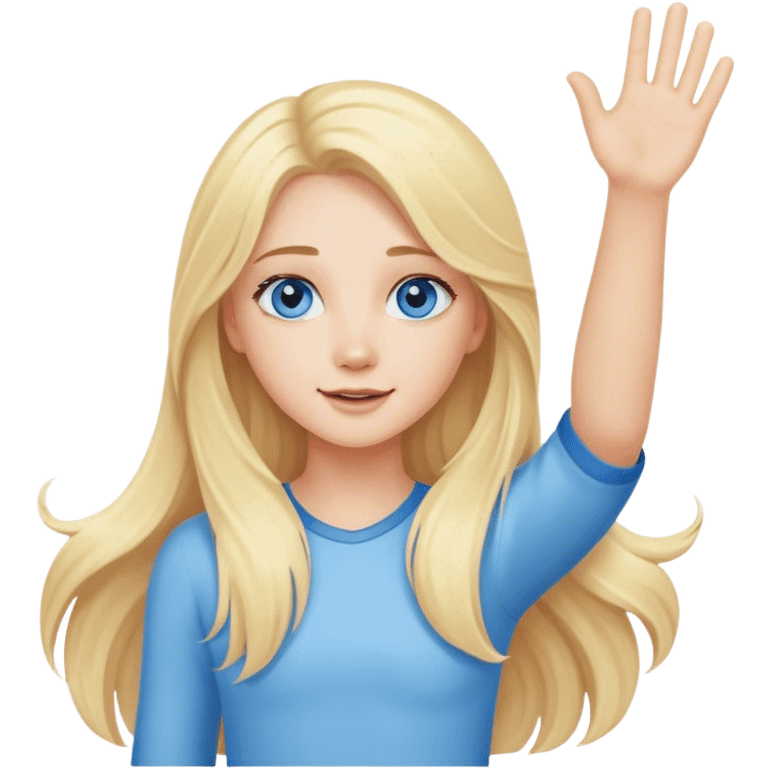 A cute blonde girl with long hair and blue eyes waves arm hello emoji