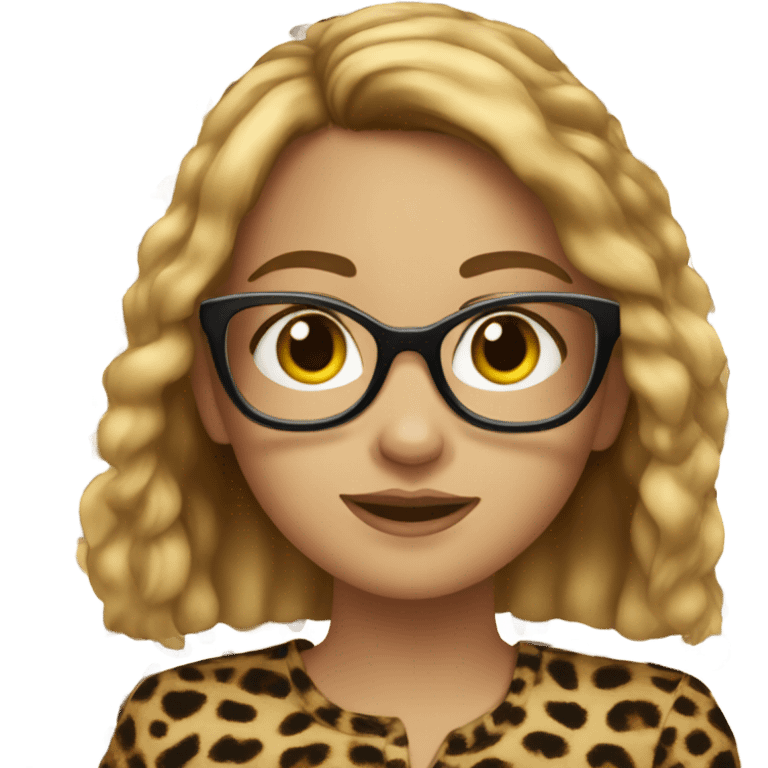 girl with brown hair and blonde highlights, cat eye glasses and cheetah print shirt emoji