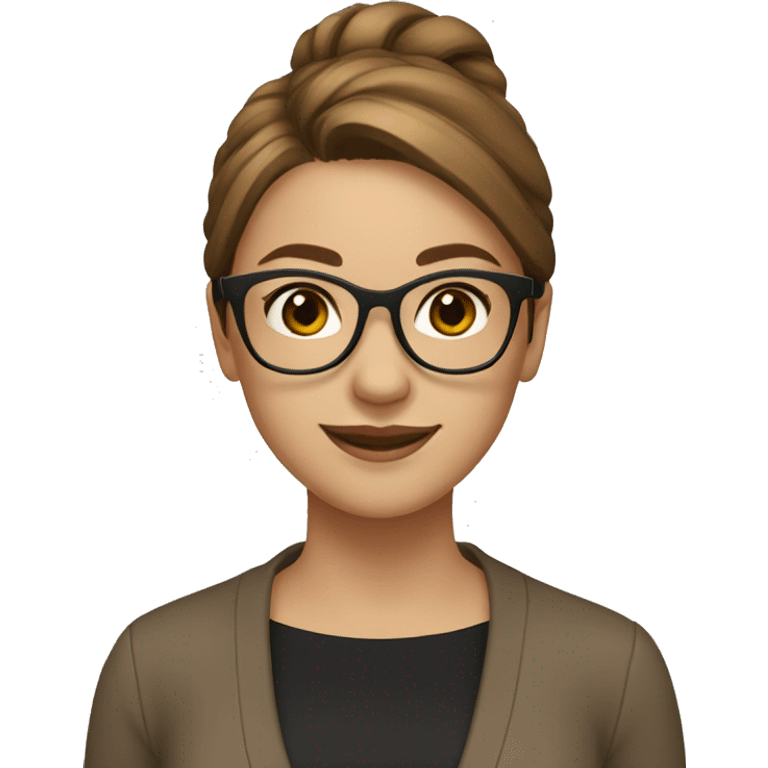 Girl with straight hair brown hair, smiling gold glasses with black blouse and light brown cardigan. emoji