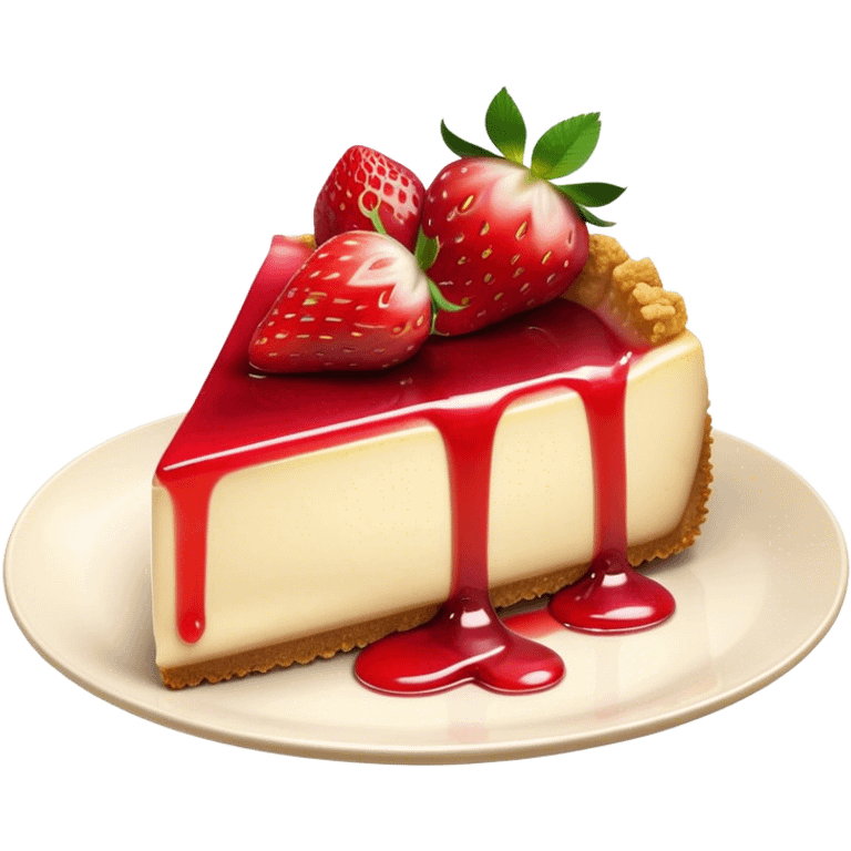 Cinematic creamy cheesecake, smooth and velvety, topped with fresh strawberries and a glossy fruit glaze, golden crumbly crust, beautifully plated, soft glowing background, indulgent and elegant. emoji