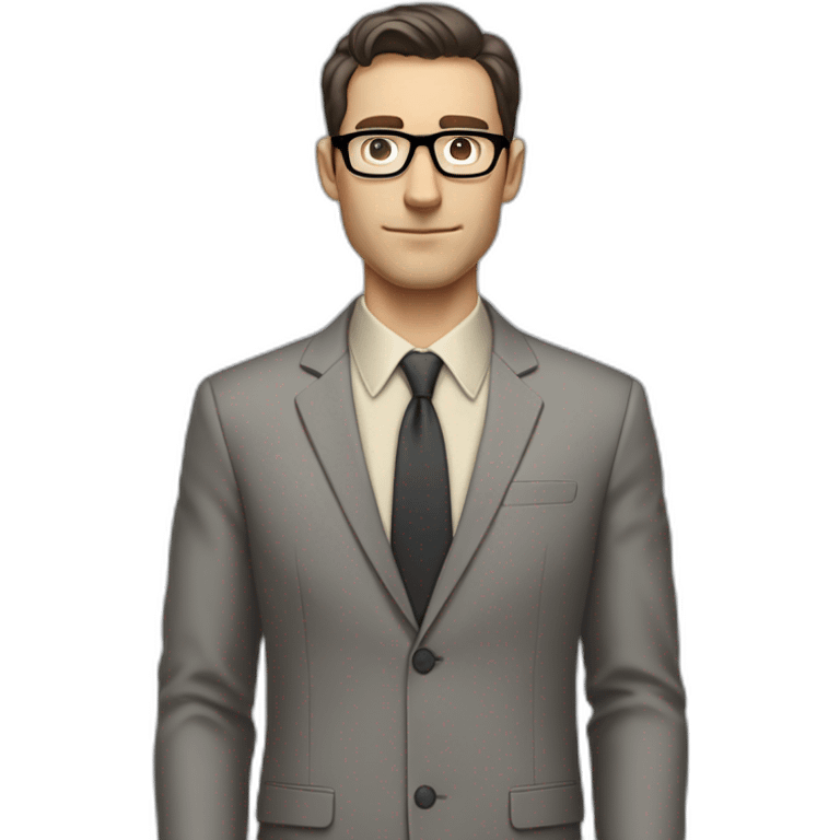 Full height Pale skinned Fit Man With dark brown hair in classic gray suit, beige office shirt, dark gray tie, and vintage glasses. His hands lock emoji