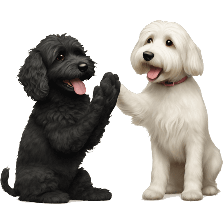 goldendoodle dog and black havanese dog giving each other a high five emoji