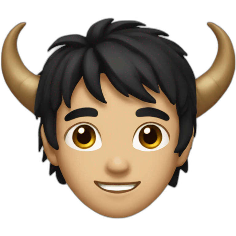 An imp,black hair,brown eyes,smile,dark brown horns emoji