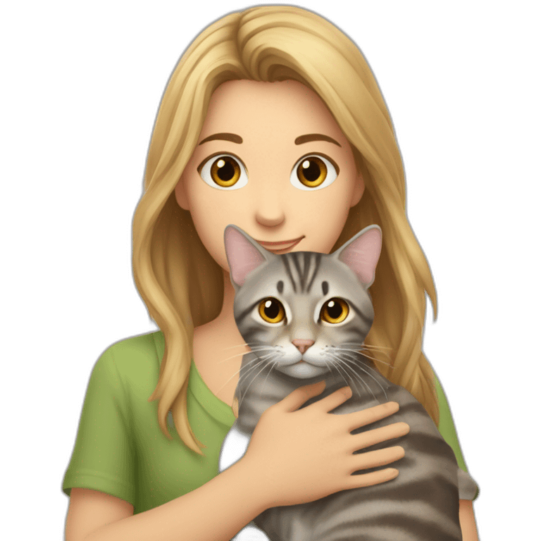 a tabby cat of brown and gray color sits in the arms of a fair-haired girl emoji