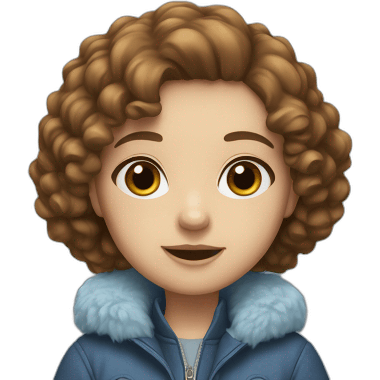 Girl, slightly curly brown hair, light blue eyes, blue jacket with fur emoji