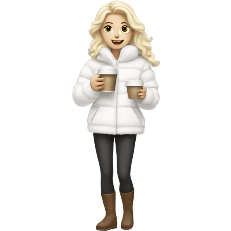 blonde girl wearing white fluffy jacket and a coffee to go in hand all dress white emoji