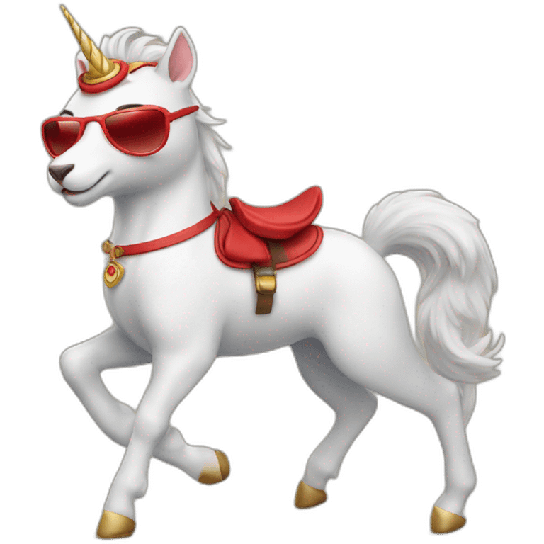 a cat with a red headband and sunglasses riding a unicorn emoji