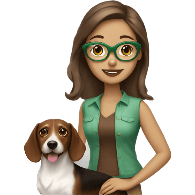 Beautiful White girl with brown hair green glasses with a duchshund dog color chocolate  emoji