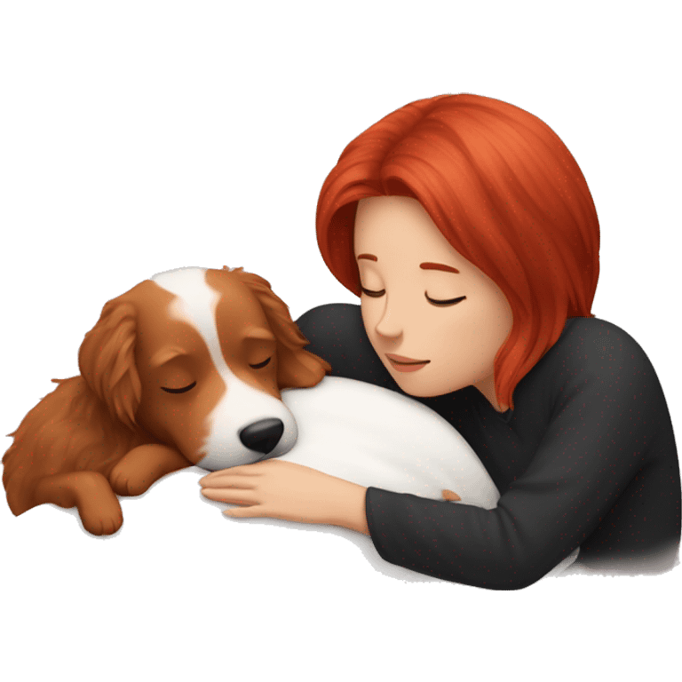 red-haired girl, sleep with a maltese black dog emoji