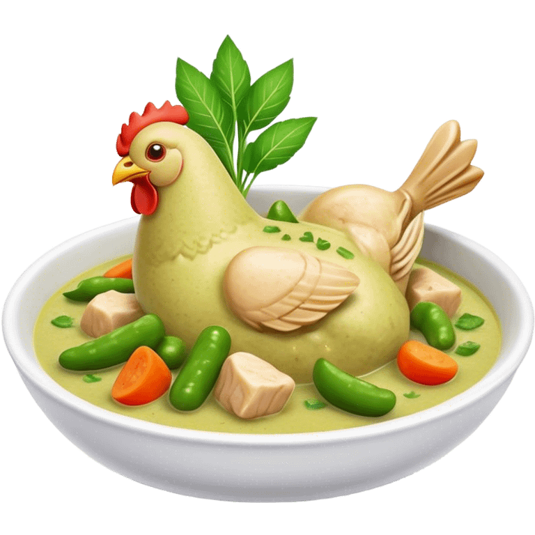 Green Chicken Curry Cinematic Realistic Green Chicken Curry Dish Emoji, depicted as tender chicken chunks simmered in a fragrant green curry sauce with vegetables, rendered with vivid textures and dynamic, vibrant lighting. emoji