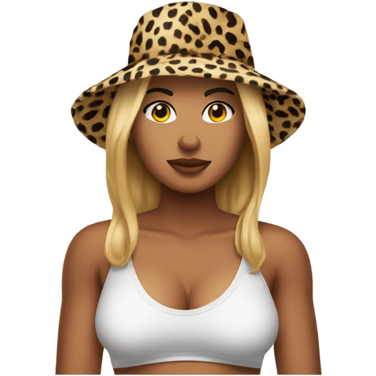 Person wearing cheetah bucket hat with big boobs emoji