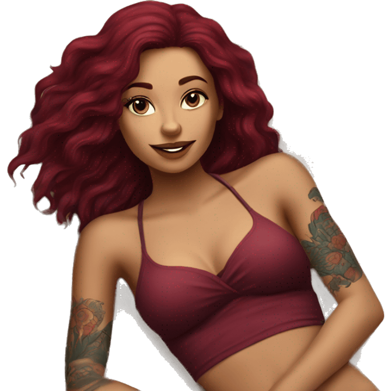 Beautiful tattooed burgundy long haired woman laying on the beach emoji