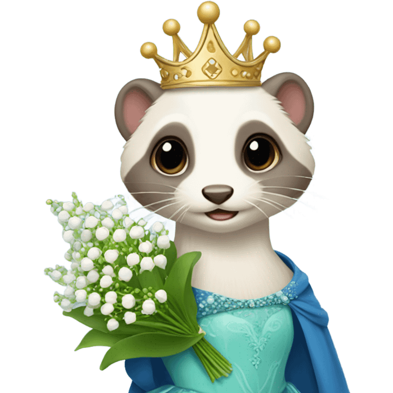 Ferret with a crown and a ball gown holding Lilly of the valley flowers emoji