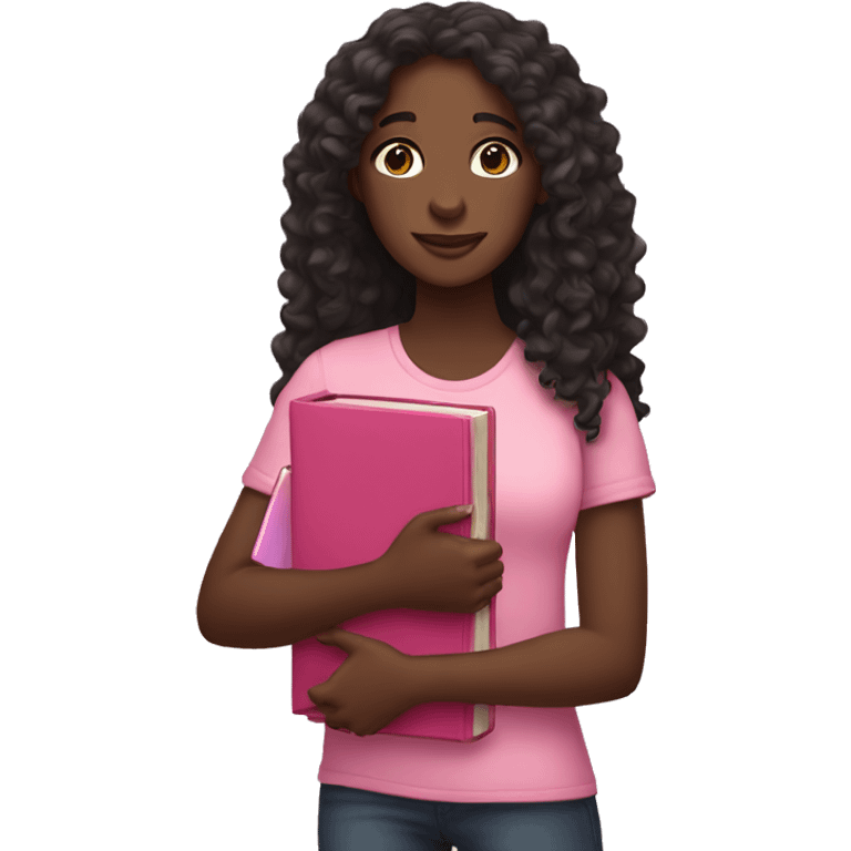 Black girl with long curly hair holding a pink bible in her right arm emoji