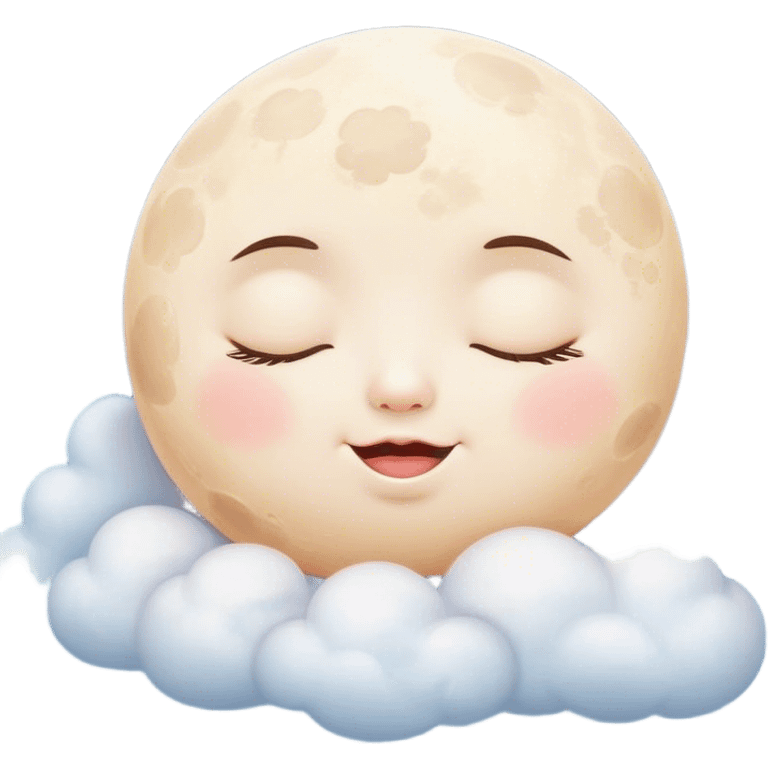 Cinematic adorable moon with a sleepy face, round and chubby, soft glowing light, tiny rosy cheeks, resting on a bed of fluffy clouds, dreamy and peaceful. emoji