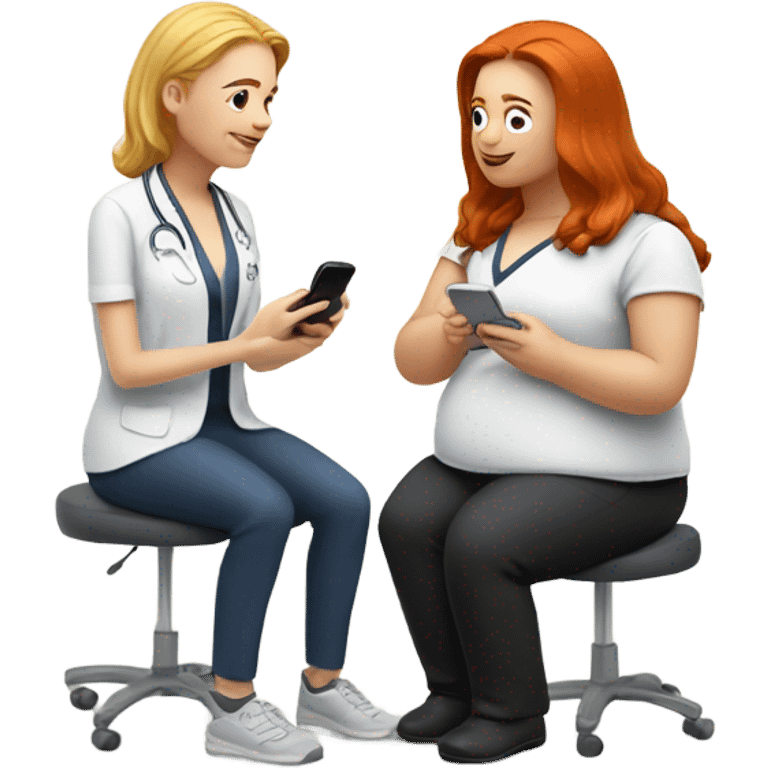 red hair nutritionist and blondie overweight patient talking smartphone emoji