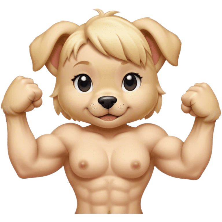 Cute blonde female Moodle puppy flexing muscles  emoji