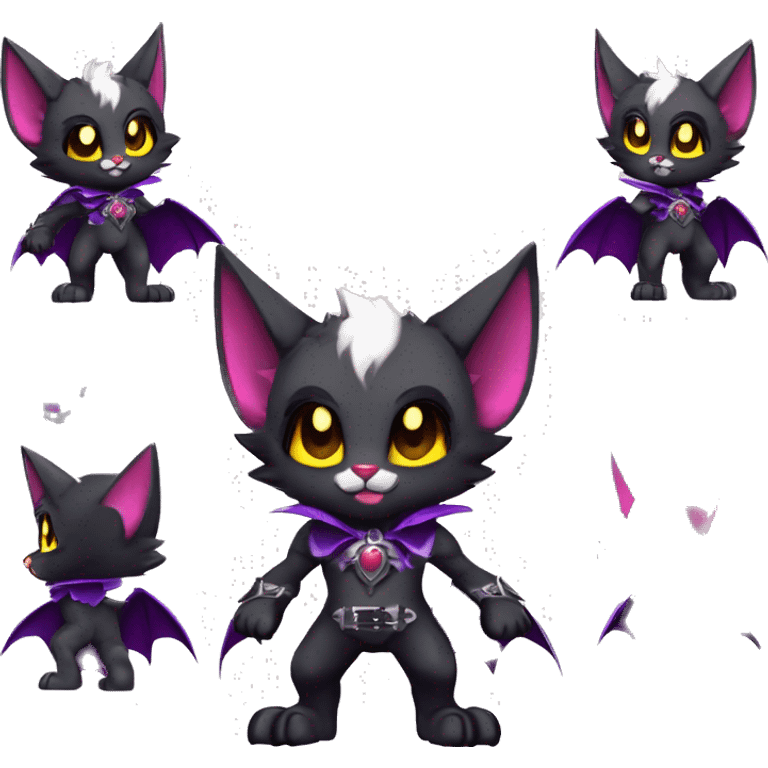 Anthro-Cute-Edgy-Cool-Vampiric-Batty-Cat-Black-Purple-Red-Grey-White-Yellow-Contrast-Colors-Fantasy-Fur-Sona-Chibi-Shiny-Fakémon-Hybrid with horns and fangs and collar full body emoji