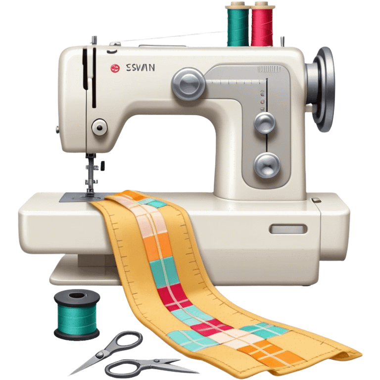 Sewing icon, measuring tape, pins, scissors, and a dress in progress, sewing machine with thread, visible needle, spools of thread, fabric pieces cut according to patterns, minimalistic style, clean lines, transparent background. emoji