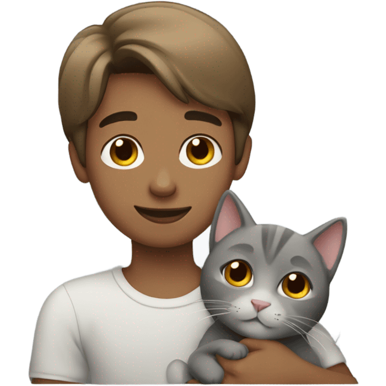 straight hair brown boy cuddling a grey cat emoji