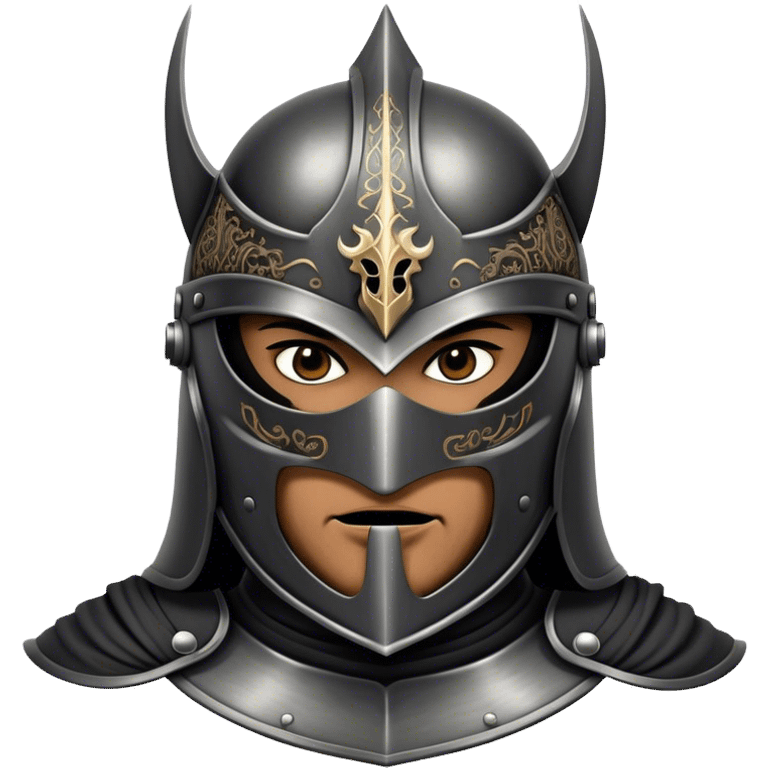 A masked man knight with intricate black engravings on his steel helmet, eyes glowing with fury emoji