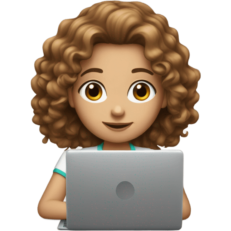 white girl with long brown curls working on her laptop emoji