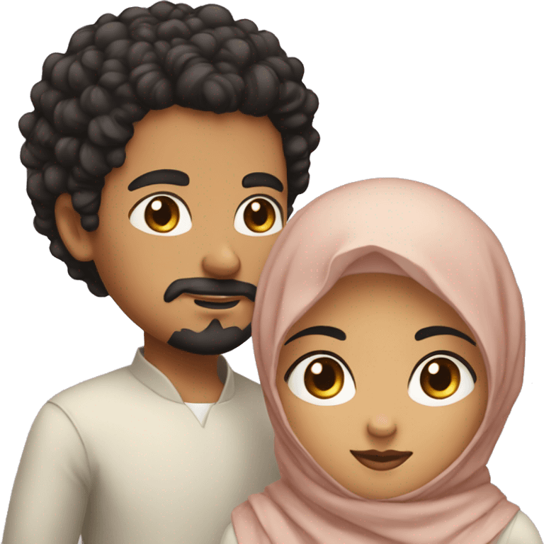 the brown boy has black short curly hair, goatee and moustache, black eyes. The girl has hijab  emoji