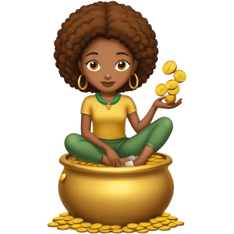 black woman sitting on a pot of gold coins emoji