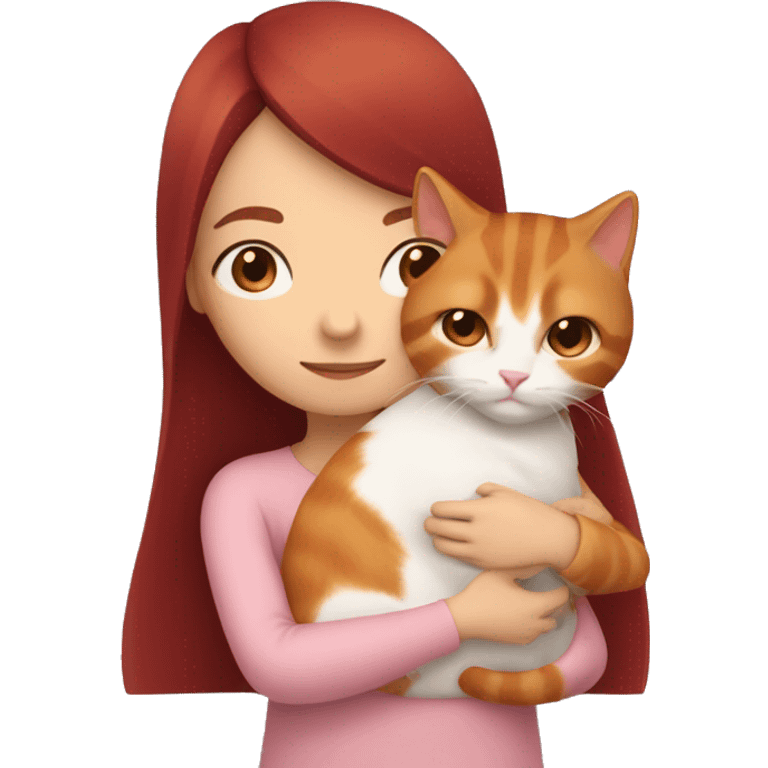 girl with long very dark red hair and dark brown eyes and light pink outfit hugging a white & ginger cat  emoji