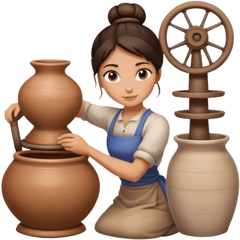 Brunette girl with bun, behind pottery wheel emoji