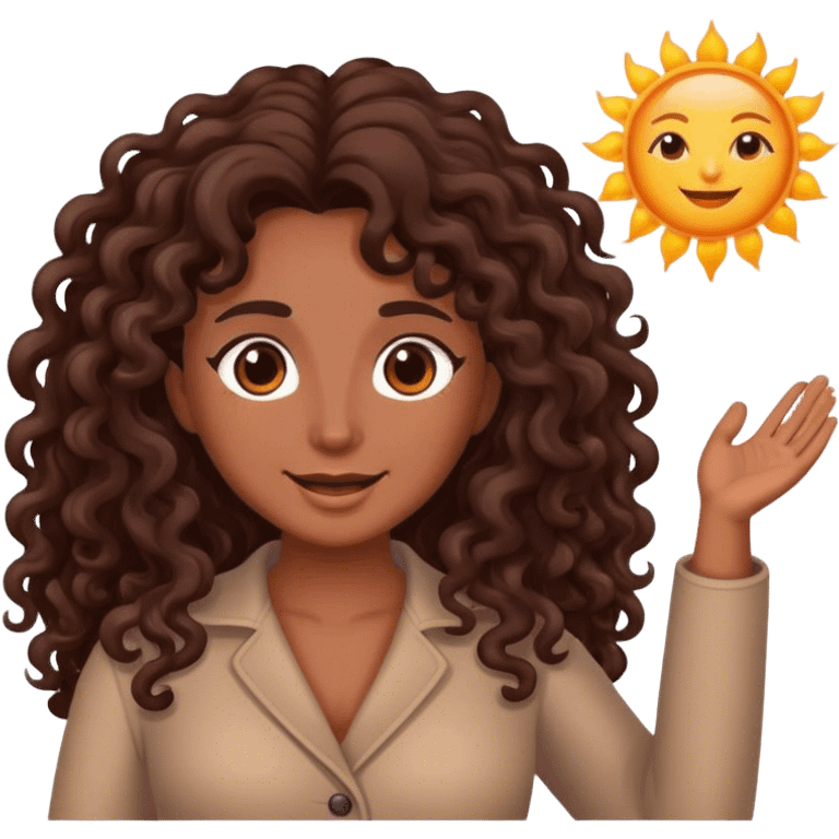 Brown woman with dark brown long curly hair saying good morning with the sun emoji