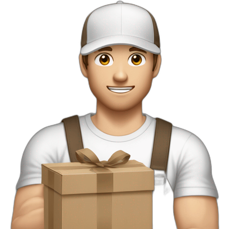 Pale skinned fit Man with dark brown hair in a light gray cap, dark brown jeans, brown polo and white T-shirt keeping a pasted with tape white box into his hands emoji