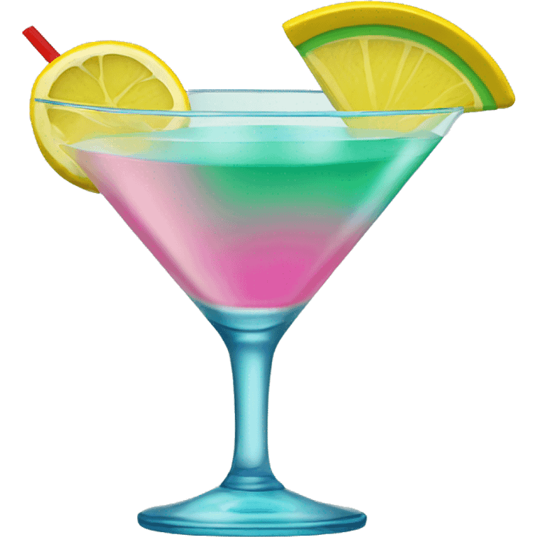 Bluish green cocktail with pink and yellow emoji