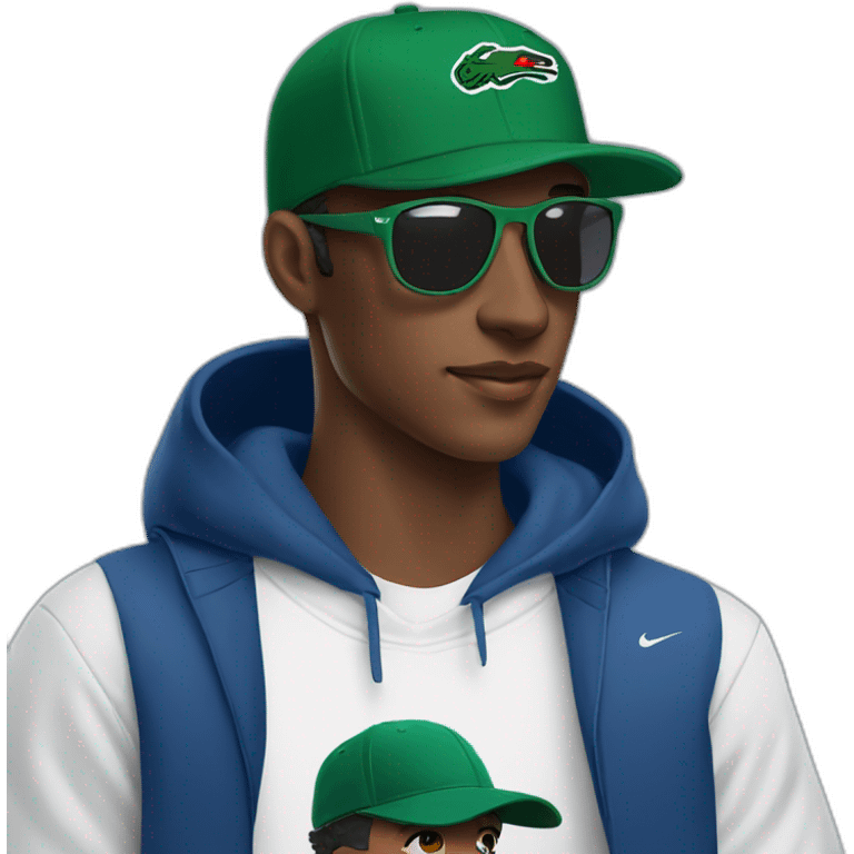 Guy using lacoste hoodie and Nike cap and oakley juliet emoji