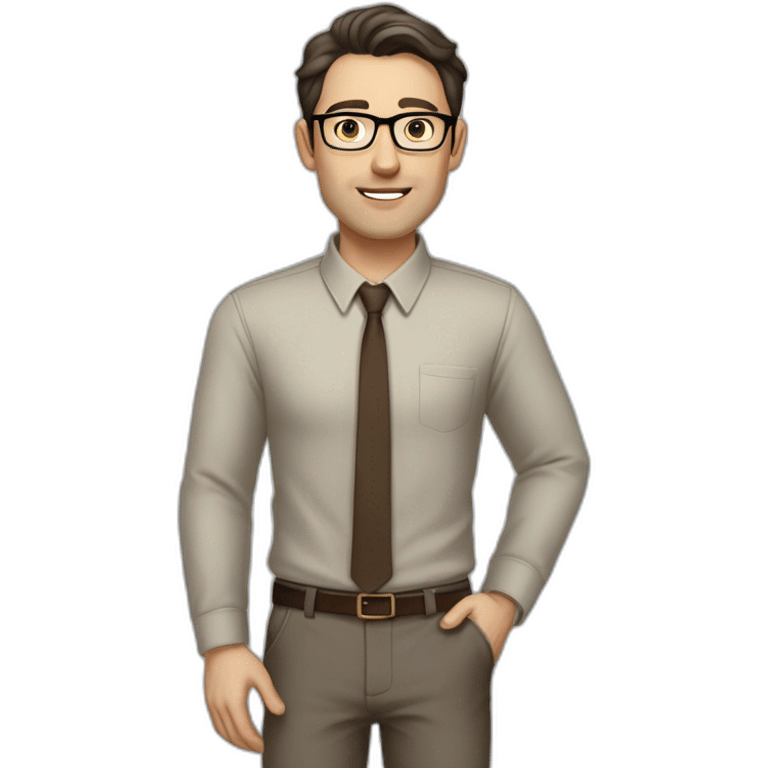 Full height Pale skinned fit man with dark brown hair in gray jacket, beige office shirt, brown tie, brown pants and vintage glasses. His right hand stretched out emoji