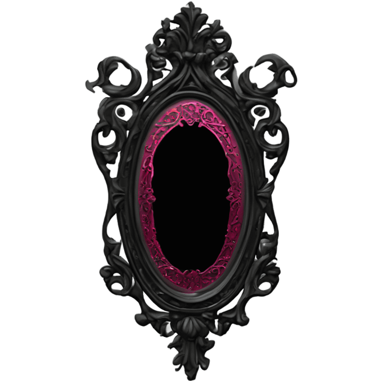 "Design a Victorian Gothic mirror with an ornate black frame featuring scrollwork and filigree. Include accents of dark red and burnt pink. The mirror glass should be gray, creating a mysterious and somber look." emoji