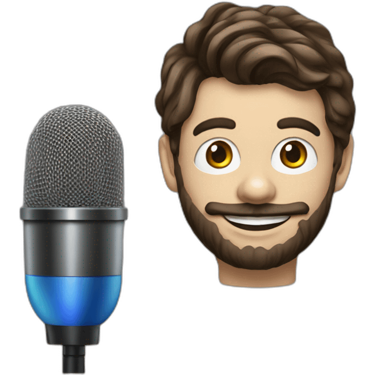 young brunette radio presenter with beard and with a microphone in his hand dressed as a clown emoji