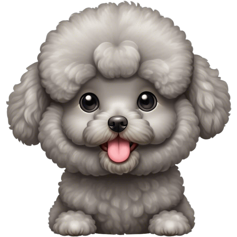 Toy poodle, grey, fluffy, cute, sticking its tough out, female, dog, tiny and cute, rounded eyes, fluffy, young puppy  emoji