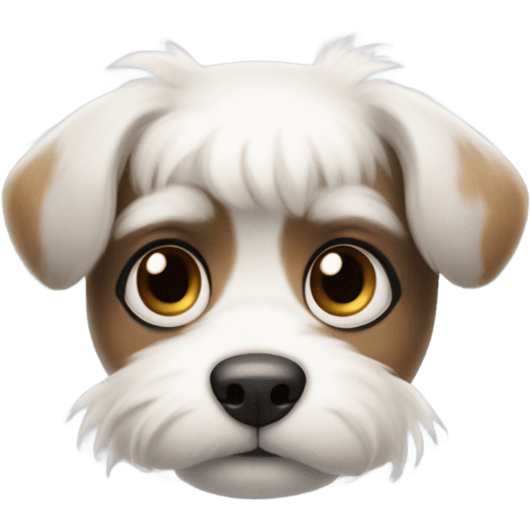 Slightly fluffy Small dog face with white muzzle, BLACK fur around eyes and floppy short ears, black nose, and a curious, sweet expression. emoji