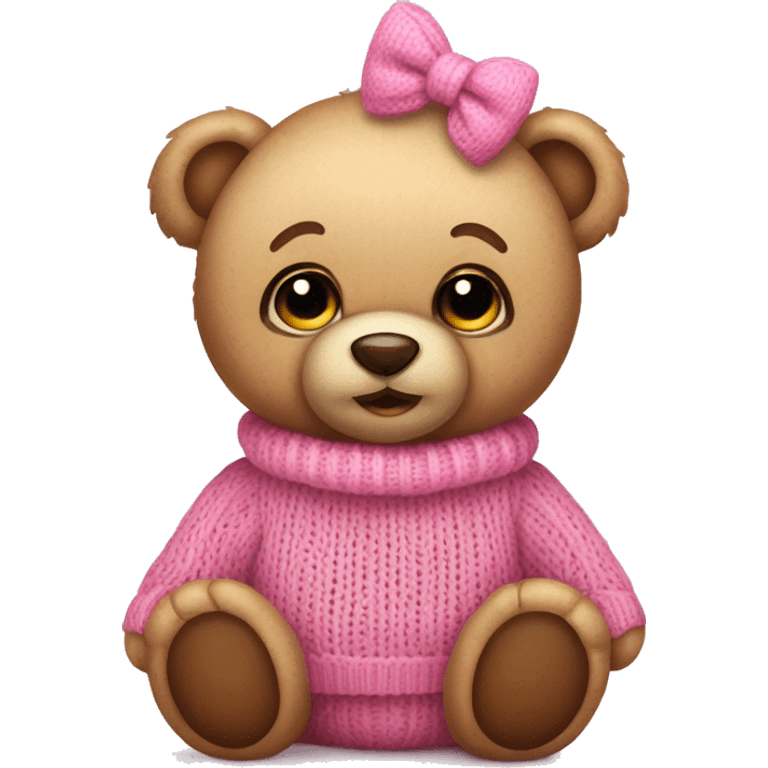 Cute Teddy Bear with big eyes, wearing a pink bow and pink knitted Sweater  emoji