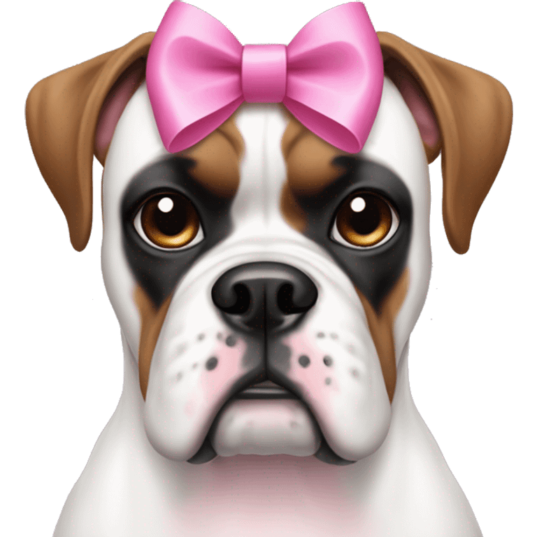 white boxer dog face with some black and pink features, with a pink bow on her head that has long ribbons emoji