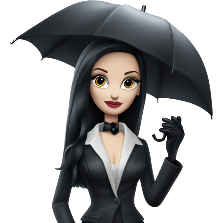 Parisienne Pretty Barbie Morticia Addams at a rainy funeral holding umbrella, accessories ,gloves, small purse  emoji