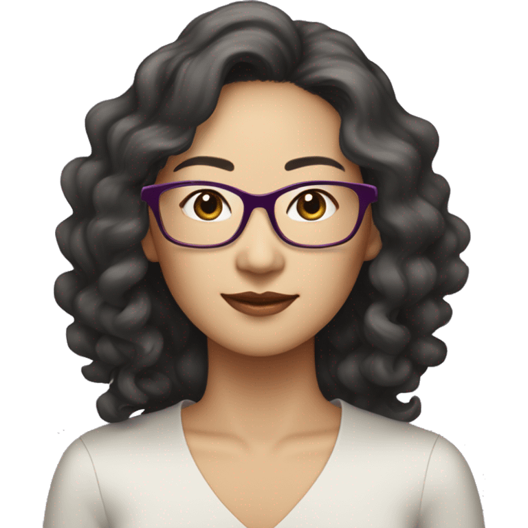 Elegant fair asian woman in her 40s, wearing rimless spectacles, long curly hair, slightly plum emoji