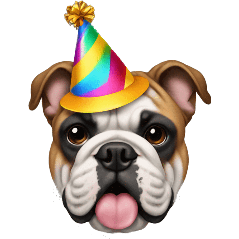 Bulldog with solid black face with party hat emoji