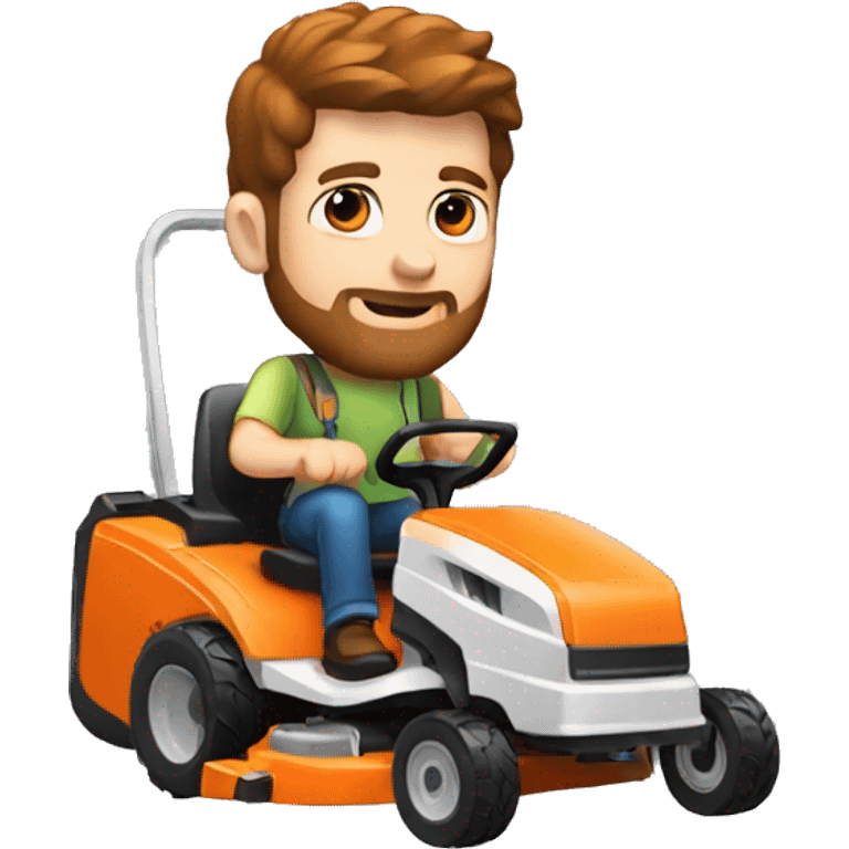 A white man with brown hair and a beard pushing an orange mower emoji