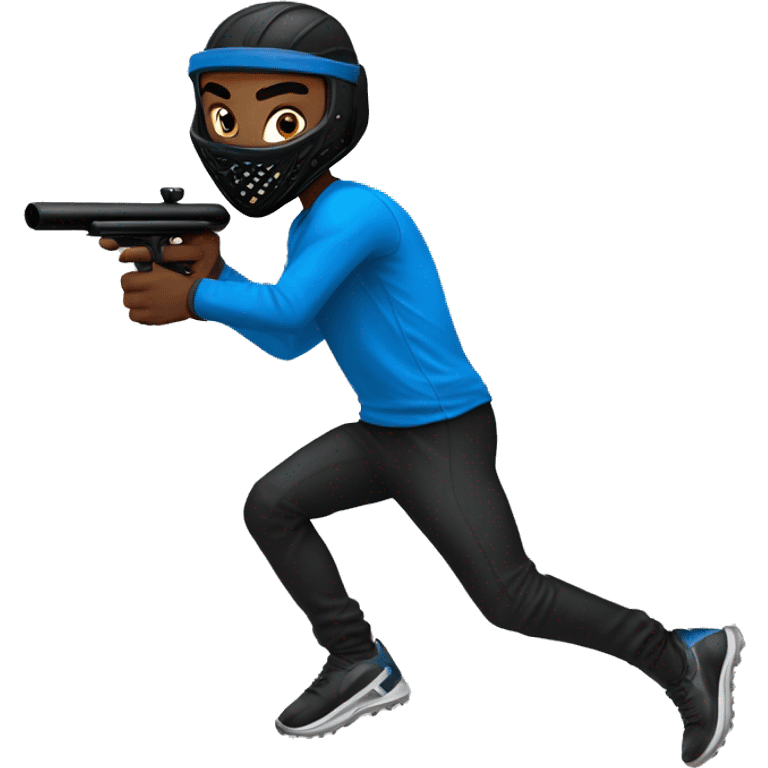 Brown skin paintball player wearing a black head band, blue long sleeve jersey, black pants, and running with a paintball gun in hand  emoji