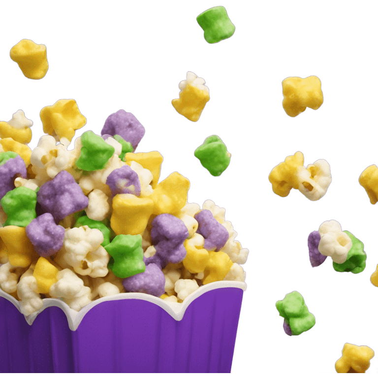 Realistic pieces of purple yellow and green popcorn pieces mixed together in a popcorn container.  emoji